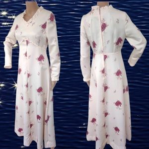 Floral Print Dress 70s Gown Long Pink 36 Bust